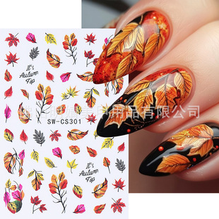Cross-Border Autum Fallen Leaves Nail Art Stickers Ins Style Thanksgiving Maple Leaf Feather Sun Moon Star Mysterious Adhesive Stickers