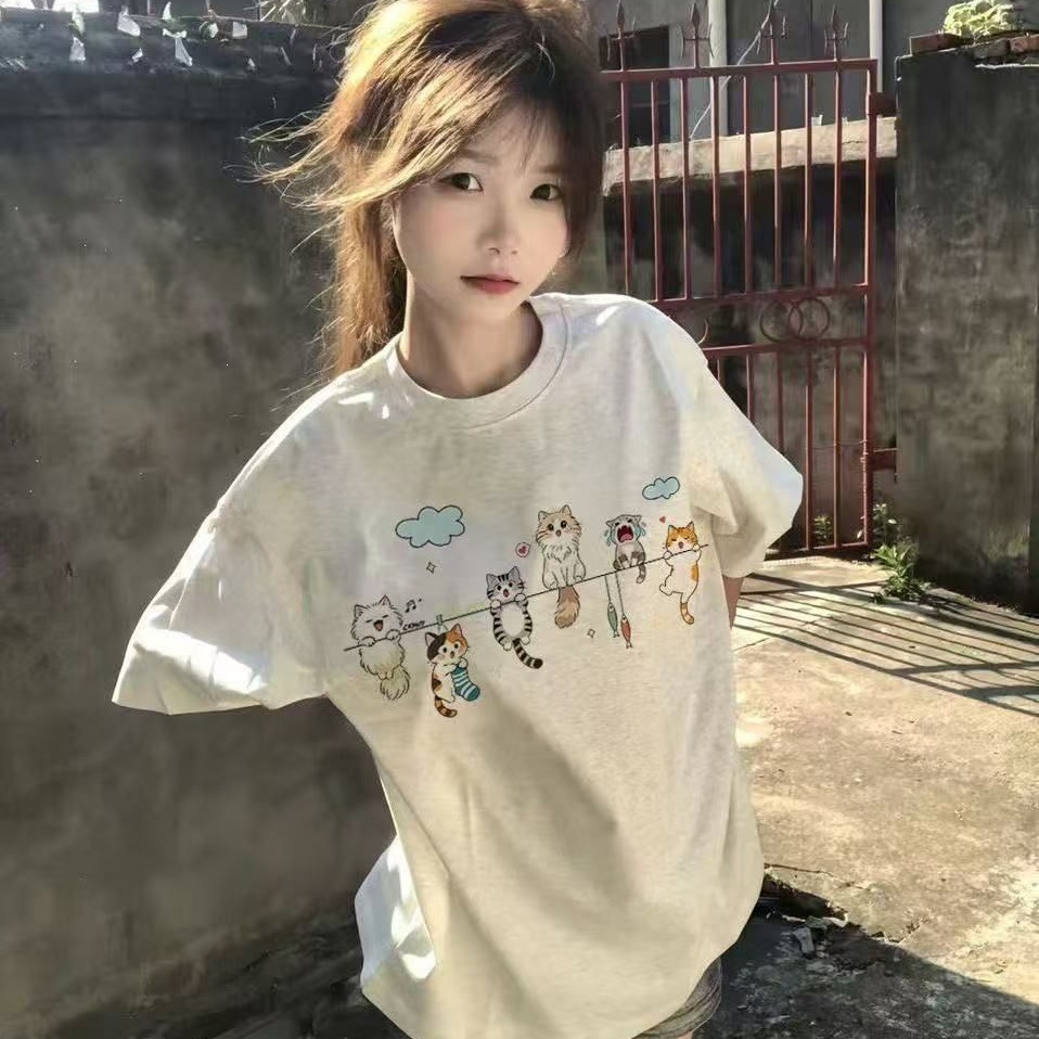 【230克纯棉】短袖T恤女猫咪趣味印花宽松落肩设计夏季小众上衣女