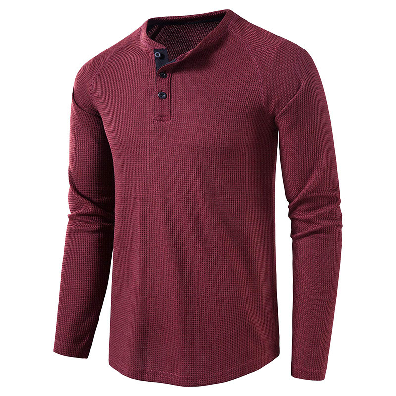 Mode Herren Langarm Henley T-Shirt Sport Casual Pullover Lose Tops Bluse Knopf Einfarbig Männer T-Shirts Unterhemden_voghion.com
