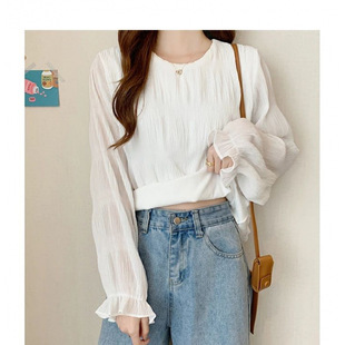 Cross-border Export Quality Japanese and Korean Style Loose Sweet Crewneck Petals Long Sleeve Pressing Folded Chiffon Shirt Top for Women