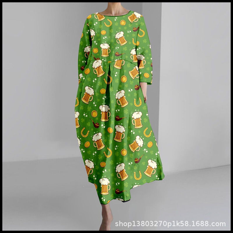 2025 Cross-Border Women's Casual Three-Quarter Sleeve Dress with St. Patrick's Theme Clover 3D Print for Summer