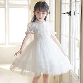 女童旗袍裙夏装白色新中式儿童礼服泡泡袖连衣裙洋气女孩公主纱裙