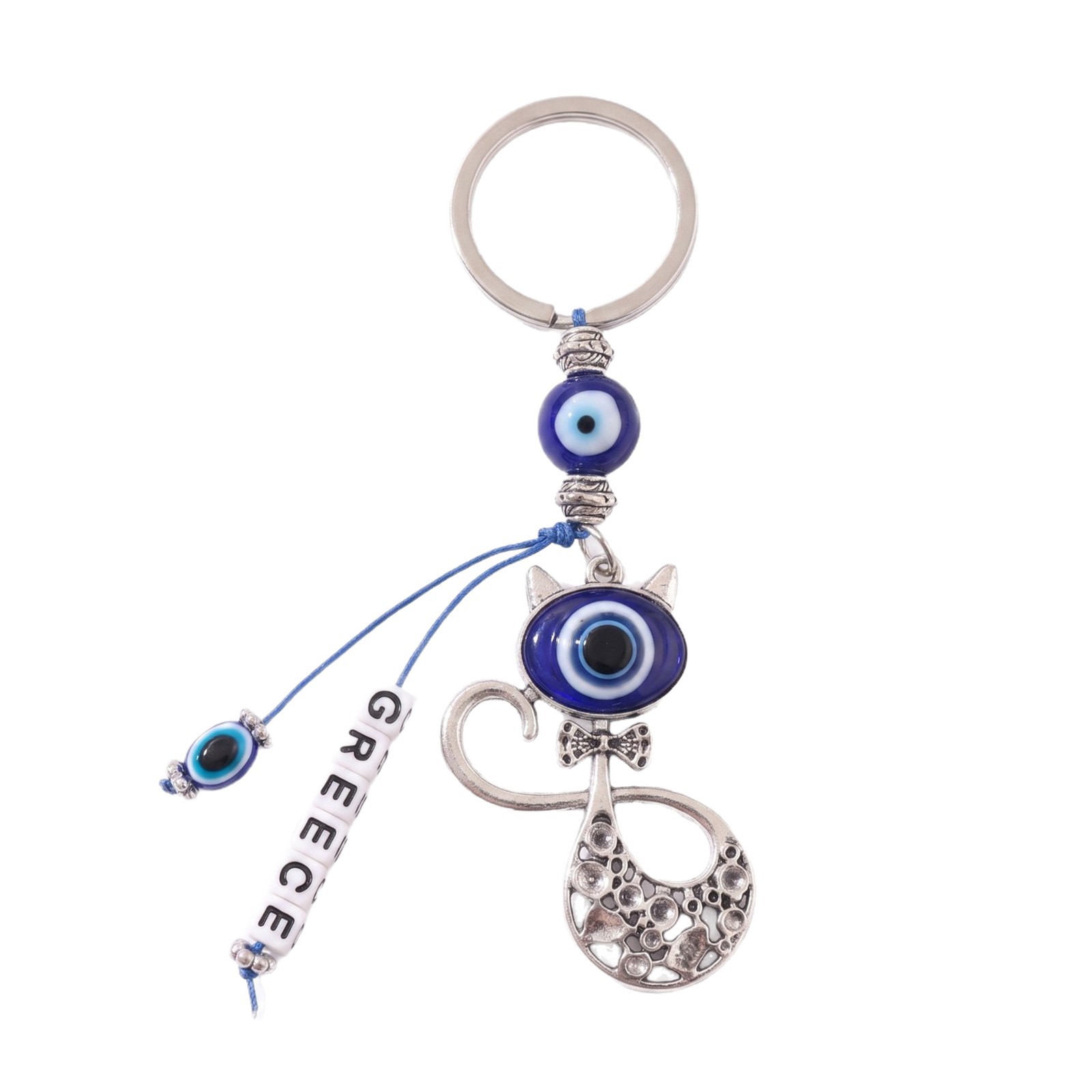 Transfronterizo retro turco ojos azules gatos llaveros letras griegas colgantes bolsas de ojos del diablo colgantes