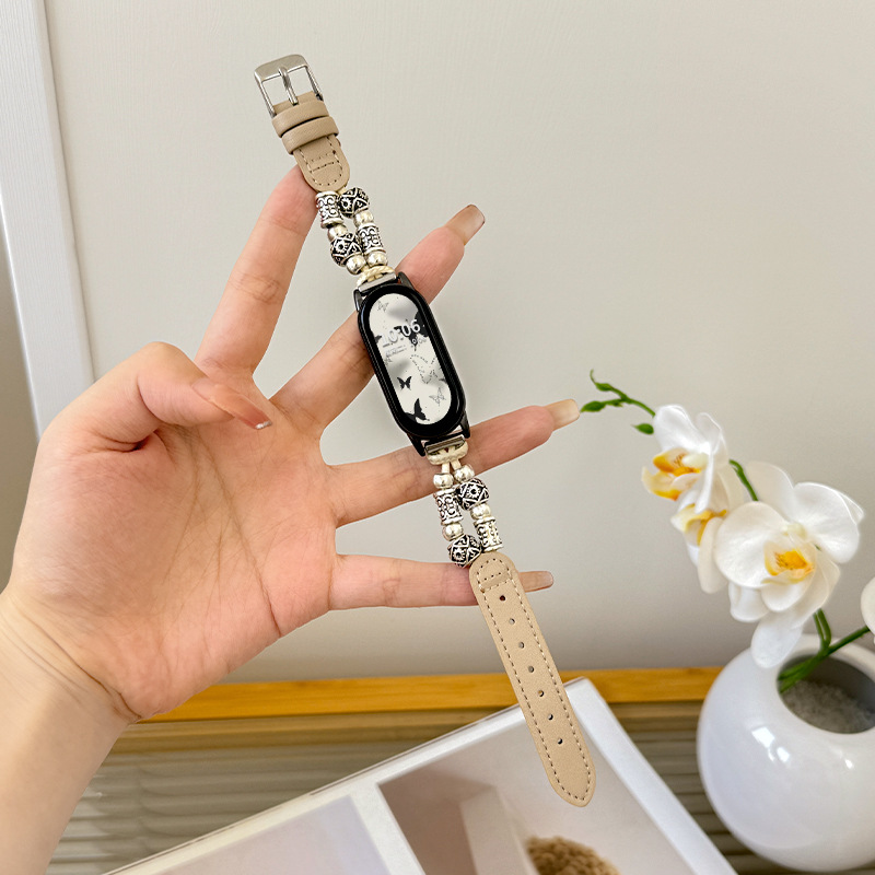 Suitable for Xiaomi Mi Band 10 Strap 9/8 Retro Beaded Stitching Genuine Leather 3/4/5/6/7 Nfc Version Belt for Men and Women