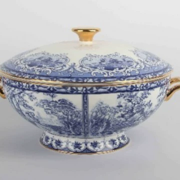 Набор чашка и блюдце Jingdezhen, сине-белая керамика с золотой каймой, подарочная упаковка (разные размеры)