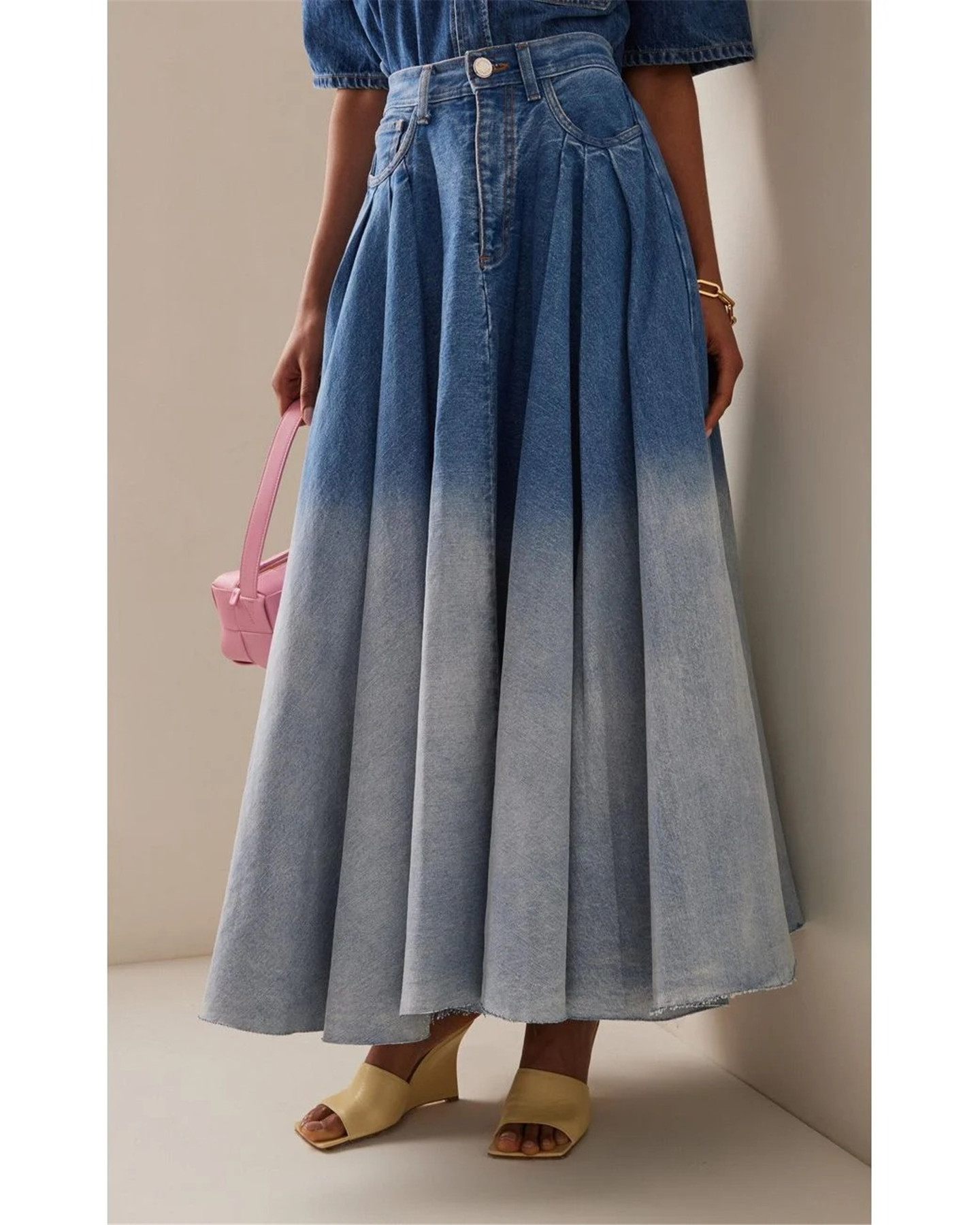 Dame high waist denim midi nederdel med bindebånd og gradient_voghion.com