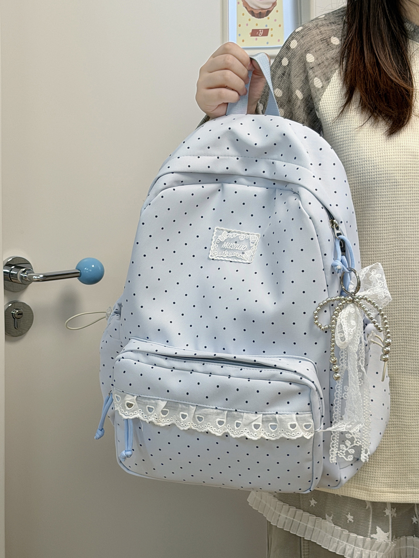 Polka Dot Lace Trim Spacious School Backpack 32
