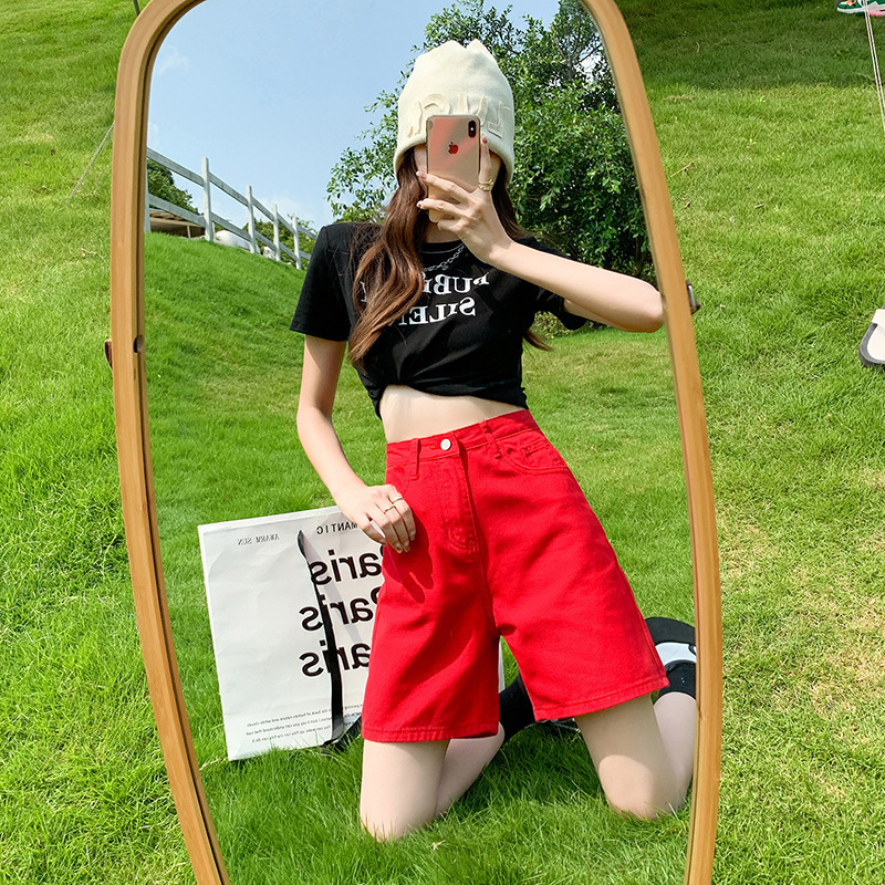 Red Denim Shorts for Women, Summer Thin Style 2025 New High-Waisted Slimming Straight Loose Wide-Leg Mid-Length Shorts