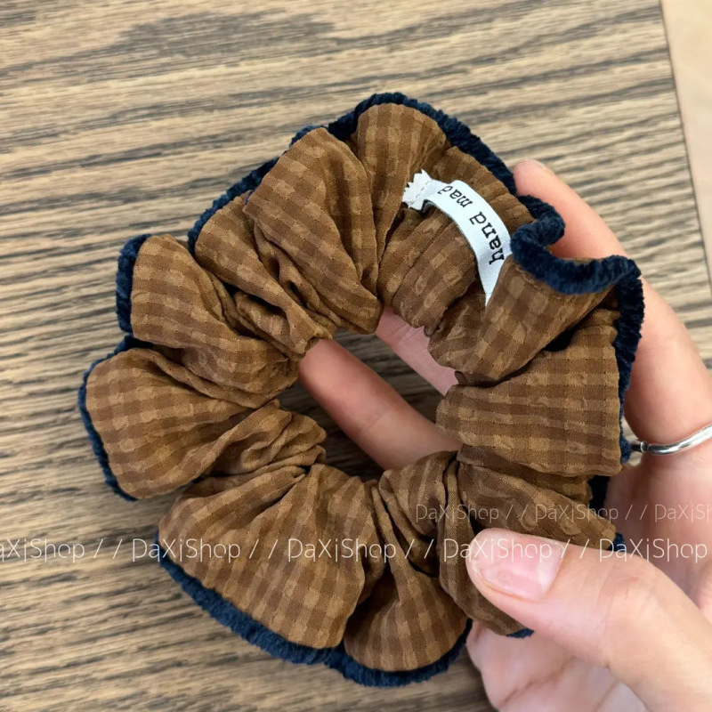 韩系藏蓝色格纹双层大肠发圈女气质扎头发丸子头发绳侧低马尾头绳|undefined