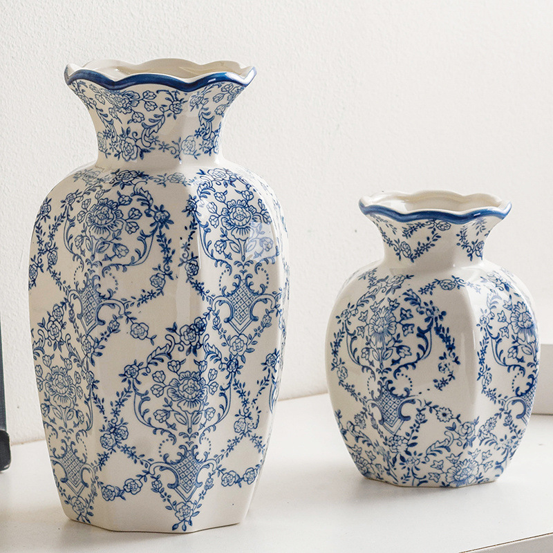 中式高级青花瓷复古玄关陶瓷花瓶家居客厅插花装饰品摆件水培鲜花|undefined