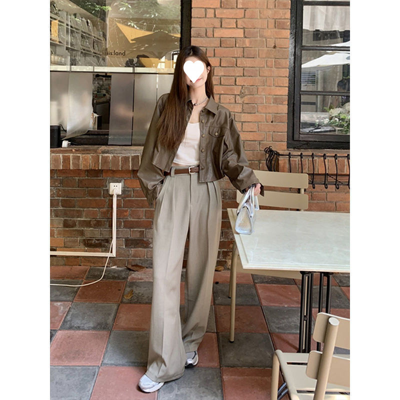 革のコートの女性春と秋の韓国版2025の新型の小さい背の高級感の短い項のゆったりしている長袖の機関車の服のジャケット|undefined