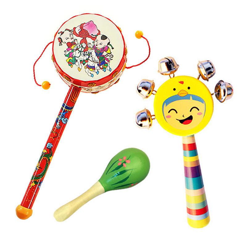 Peace drum + small maracas + smiley face rattle (colors random)