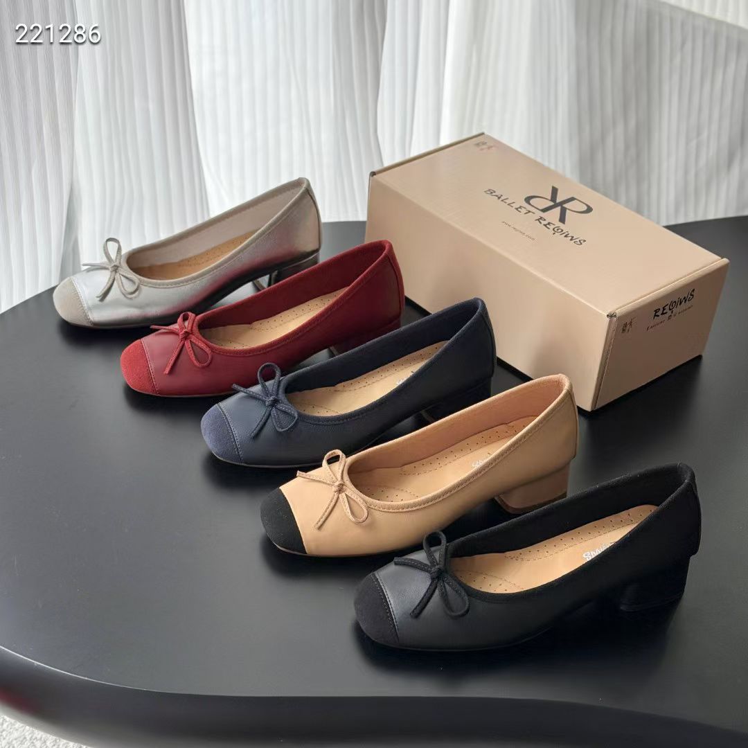 Super Soft Sheepskin Ballet Shallow Cut Mid-Heel Single Shoes, Round Toe, Genuine Leather, Bow Detail, Chunky Heel,_vogvips.com