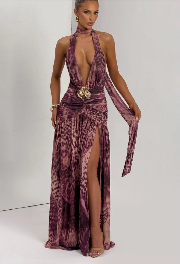 Women's Sexy Halter Neck Bodycon Maxi Dress With Low Back & Thigh Slit | Floral Print Ruffle Detail Lightweight & Flowy Fabric_ecoleips.com