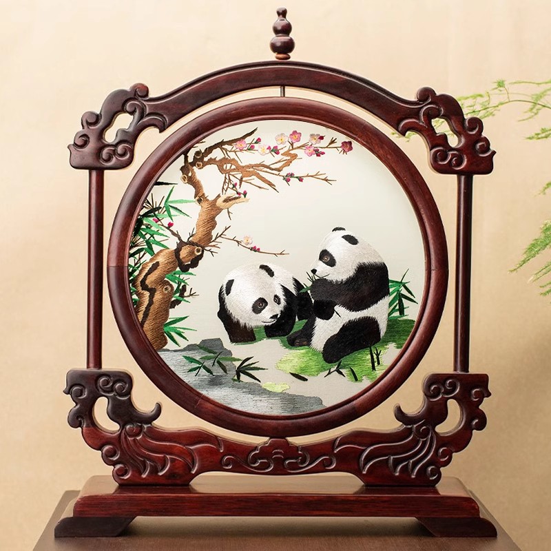 夏淮手工苏绣摆件双面刺绣工艺品新中式桌面办公室装饰台屏中国风