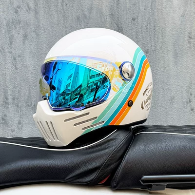 Retro Motorcycle Helmet for Men and: Motosiklet kaskı (dəbilqə) - white-clouds-with-colorful-blue-night-vision-transparent-mirror-included-m