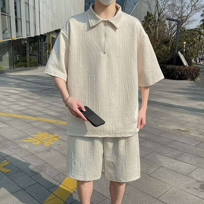 Two-Piece Set with a Half-Zip Short-Sleeve Polo Shirt and Casual Straight-Leg Shorts for Men, Summer Two-Piece Set with a Half-Zip Short-Sleeve Polo Shirt and Casual Straight-Leg Shorts for Men, Summer