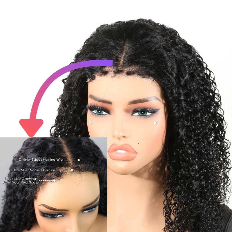 Kinky Curly 4C Edges Hairline 4x4 Lace Front Wigs Human Hair