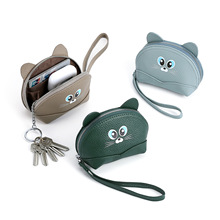 女士真皮零钱包丝印小猫咪可爱头层牛皮硬币包女动物图案卡包批发