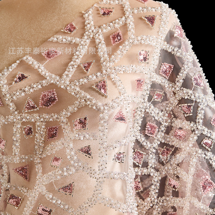 Sequinilla, cuentas bordadas rosadas, cuentas bordadas tridimensionales, tela bordada, cuentas bordadas, vestido de boda de moda
