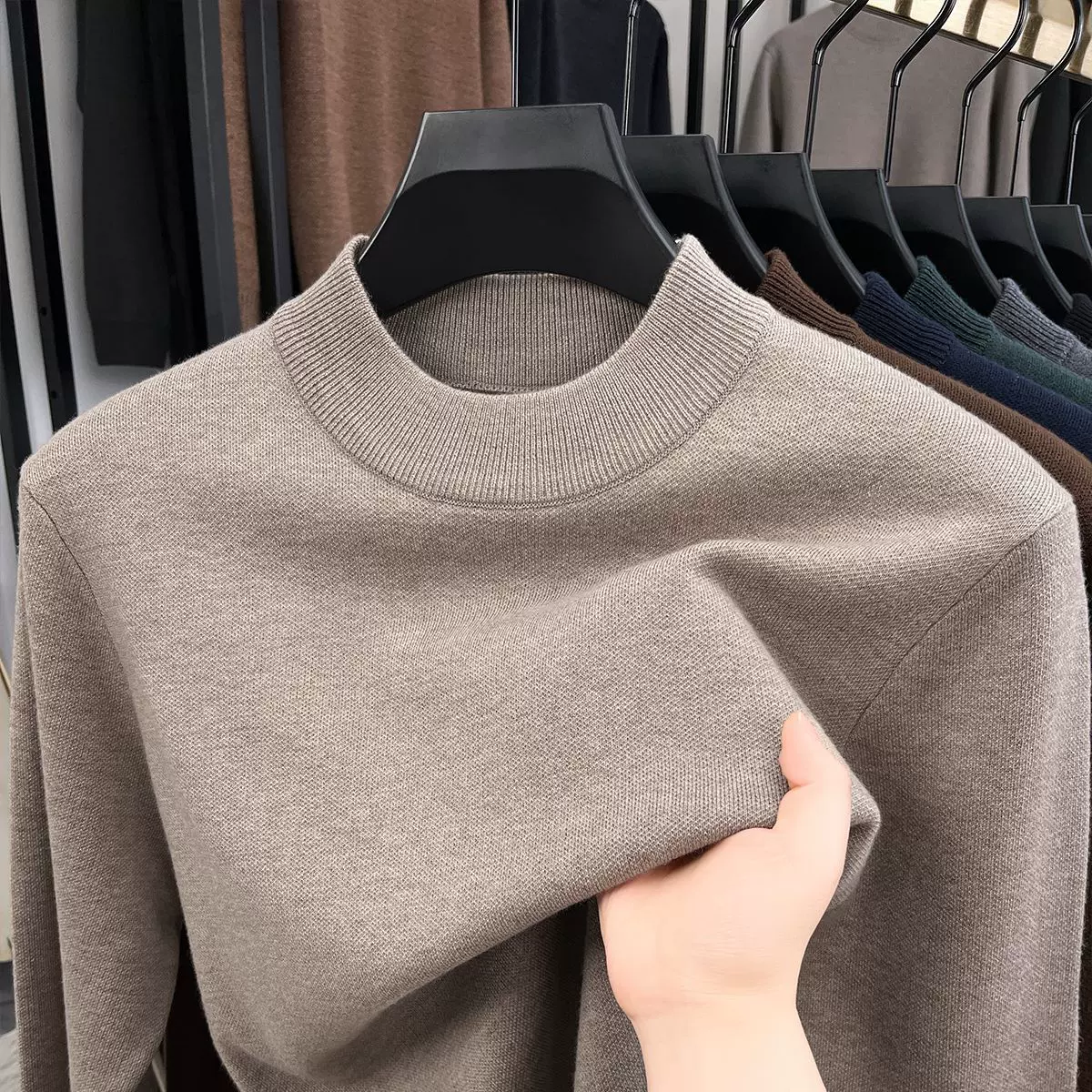 秋冬新品半高领保暖加厚羊毛衫打底中年男T恤净色内搭男士打底衫