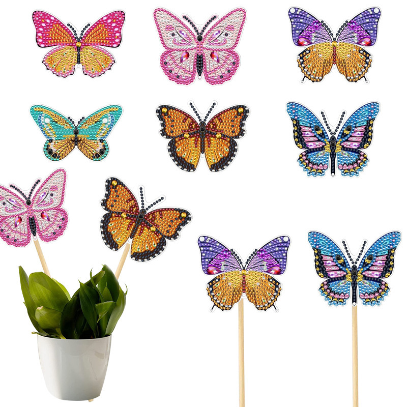 Estacas decorativas para macetas con diseño de flores para decoración de plantas en el hogar y escritorio, fabricante de estacas de jardín hechas a mano con pegatinas de diamantes DIY.