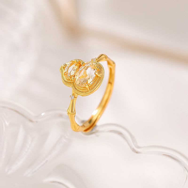 Nhẫn bạc S925 mạ vàng hình quả hồ lô đính đá hoàng thủy tinh phong cách tân trung hoa — Màu hoàng thủy tinh