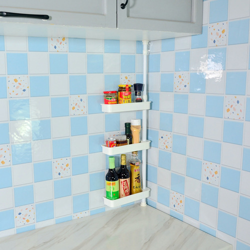 A ceiling-to-floor corner shelf for the kitchen that can be extended without drilling, a corner spice rack, and the manufacturer's code.