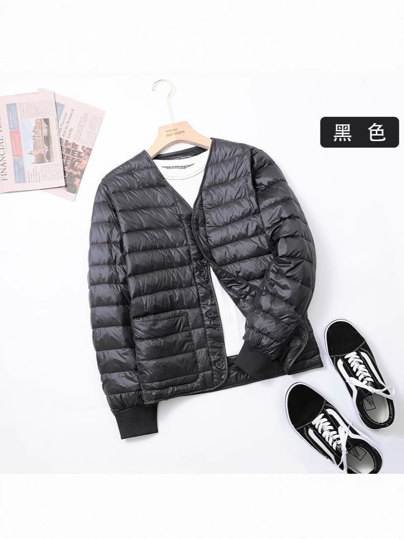 Chaqueta de pluma transfronteriza para hombres corta delgada invierno gruesa calentamiento delgada sin cuello en V chaqueta de forro blanco