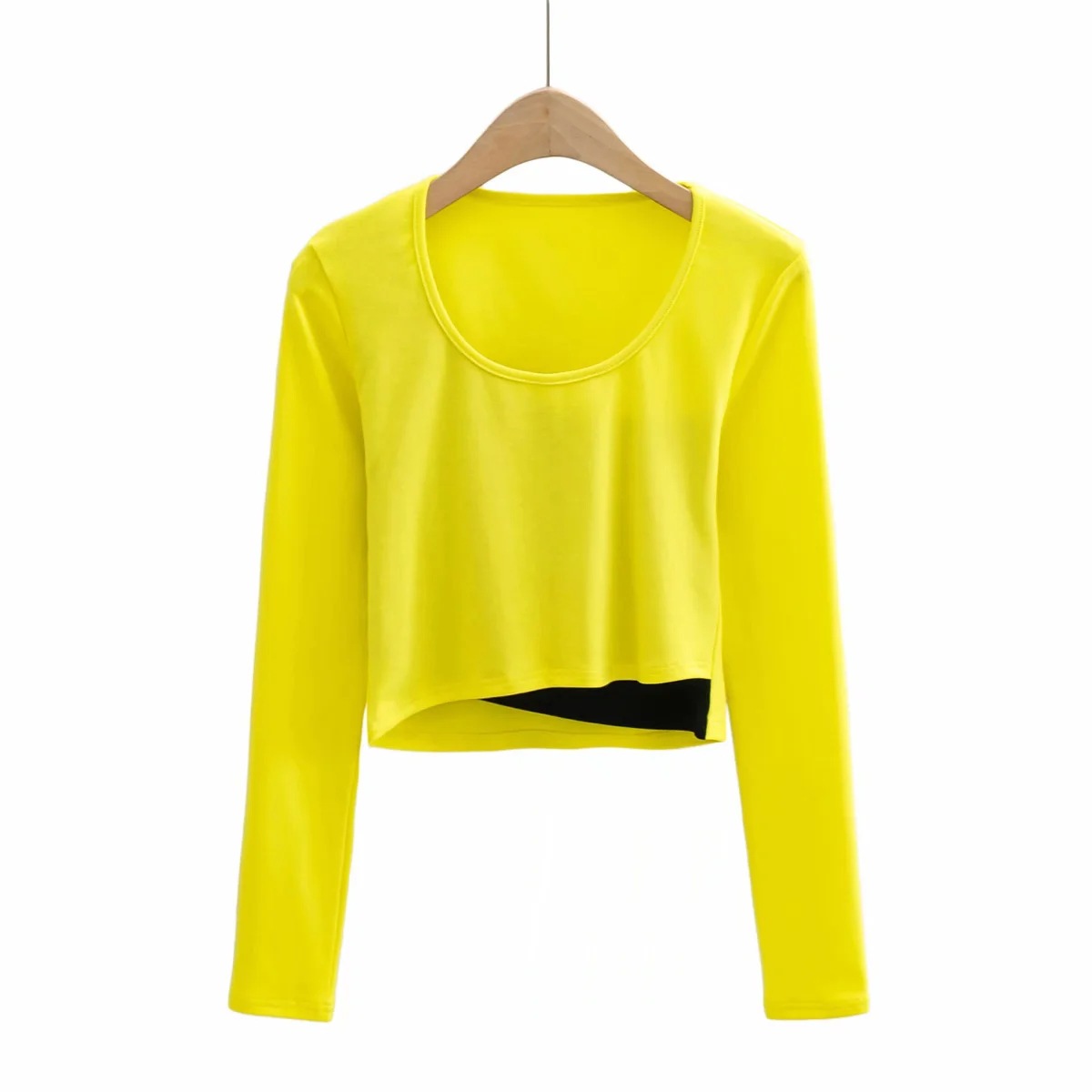 U-neck splicing long sleeve crop top NSHS46715