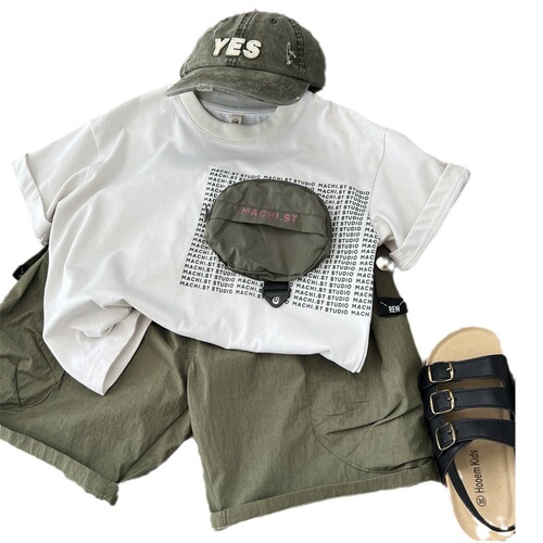 Boys' American Style 3D Backpack Workwear Short Sleeve T-shirt Children's Summer New Outdoor Letter Cotton Half Sleeve Round Neck T-trend