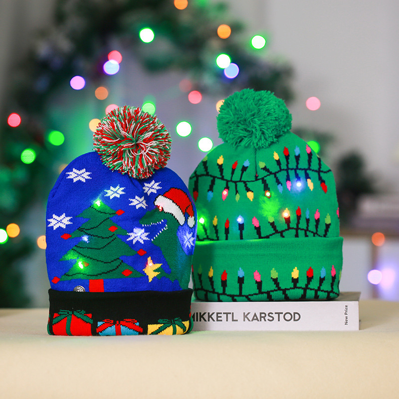 Ziemassvētku cepure Ziemassvētku rotājumi adīta cepure ar bumbiņām, LED gaismiņām, Ziemassvētku vecīša mirdzoša cepure, pieaugušo bērnu cepure_voghion.com