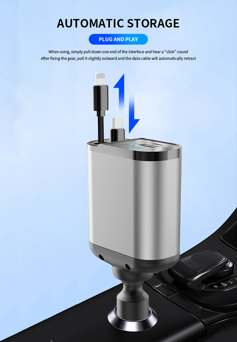 Car Charger with Retractable Cable, One-To-Four Car Charger, Super Fast Charging, Flash Charging, Car Phone Charging Head, Cigarette Lighter