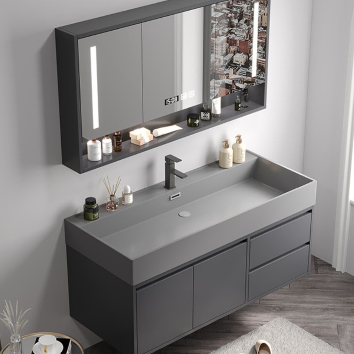 Ocean Basin Bathroom Cabinet Nano Rock Integrated Basin Smart Solid Wood Wash Basin Cabinet Wash Basin Bathroom Sink