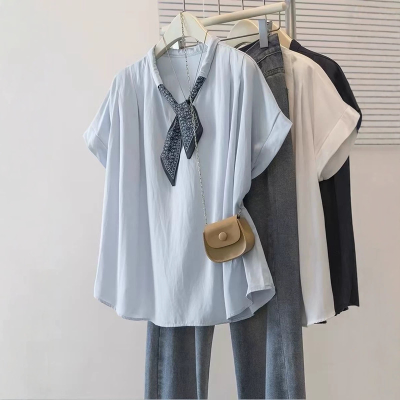 Ethnic Style Silk Scarf V-Neck Light Blue Short-Sleeve Shirt for Women, Summer 2026, Plus Size, Unique and Stylish Top Ethnic Style Silk Scarf V-Neck Light Blue Short-Sleeve Shirt for Women, Summer 2026, Plus Size, Unique and Stylish Top