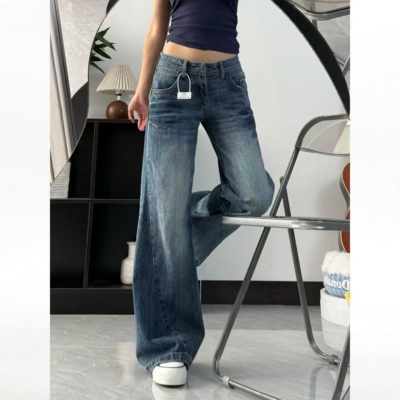 Vintage American-Style Washed Lightning Straight-Leg Jeans for Women, New Loose Spring Crackle High-Waisted Floor-Length Pants