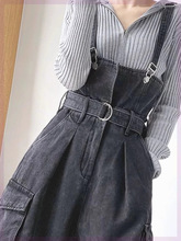 休闲宽松阔腿牛仔背带裤时尚百搭小个子高腰设计感黑色吊带连体裤