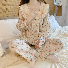 韩国外贸女士ins秋季宫廷复古风甜美可爱印花长袖睡衣套装家居服