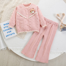 女童毛衣套装秋冬新款洋气女宝宝纯色针织开衫长袖可爱儿童两件套