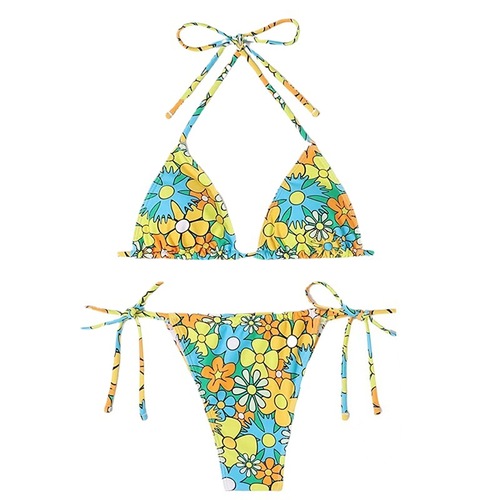 Summer European and American Print Straps Neck Tied High-Waisted Triangular Split Two-Piece Swimsuit Beach Bikini