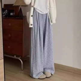 高腰垂感条纹纯色有口袋阔腿裤女秋冬新款休闲慵懒风拖地长裤跨境