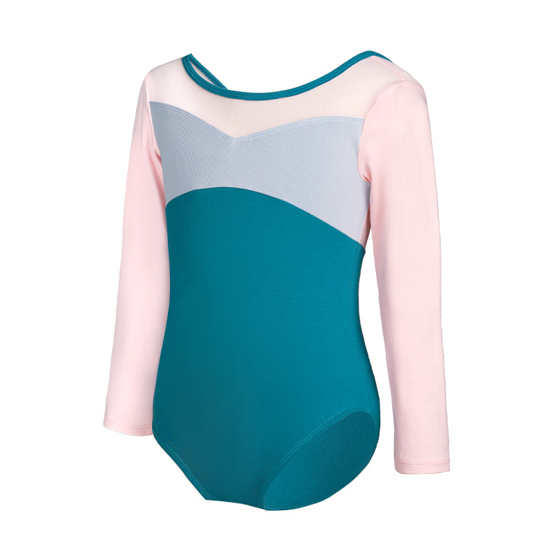 Traje de baile para niños Traje de entrenamiento de manga larga de primavera para mujer Traje de gimnasia de dos piezas falso Traje de ballet con costuras de color en contraste Traje de rendimiento
