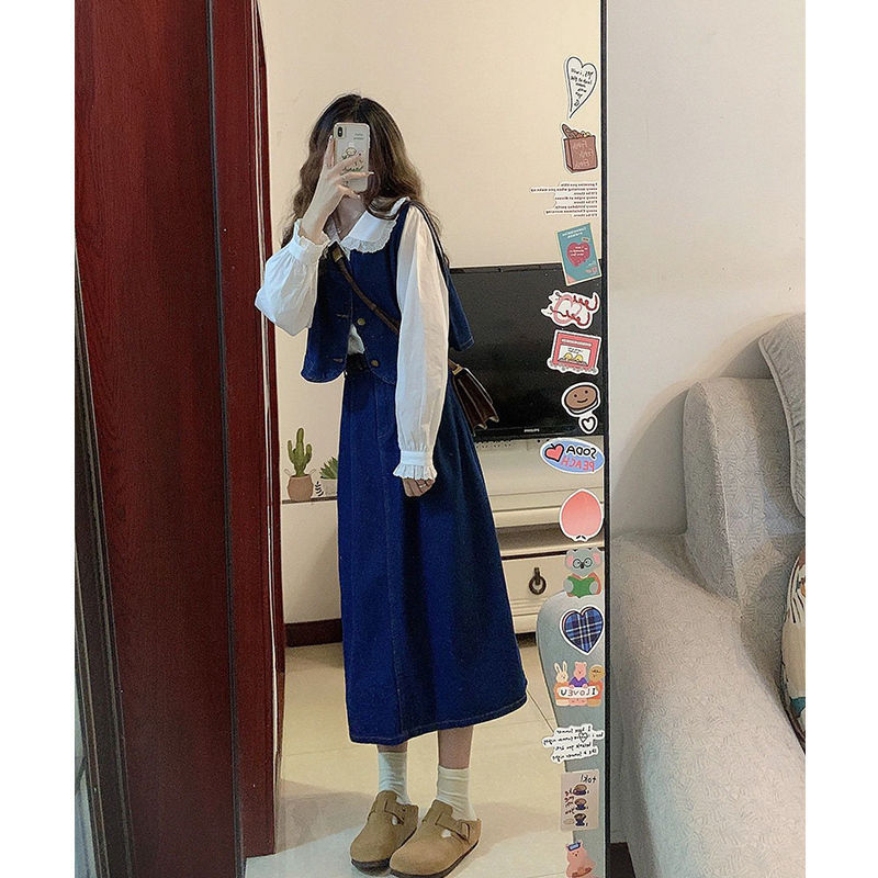 初秋装搭配一整套奶fufu减龄盐系穿搭高级感牛仔韩剧三件套装裙子|undefined