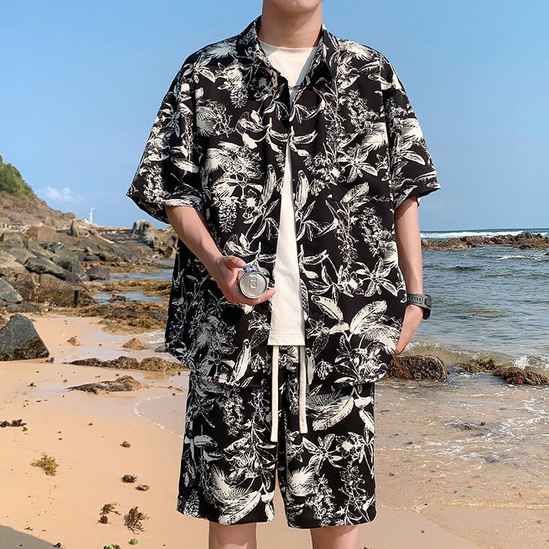 꽃무늬 셔츠 반바지 비치 슈트 남성 여름 트렌디 브랜드 핸섬 해변 의상 대형 아이스 실크 투피스 여름 슈트
