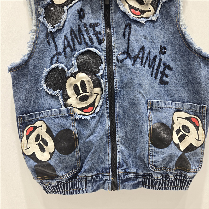 Marca de marea europea 2026 primavera nueva impresión de dibujos animados sequinado denim bordes de lana sensación de diseño chaleco suelto de moda image 4