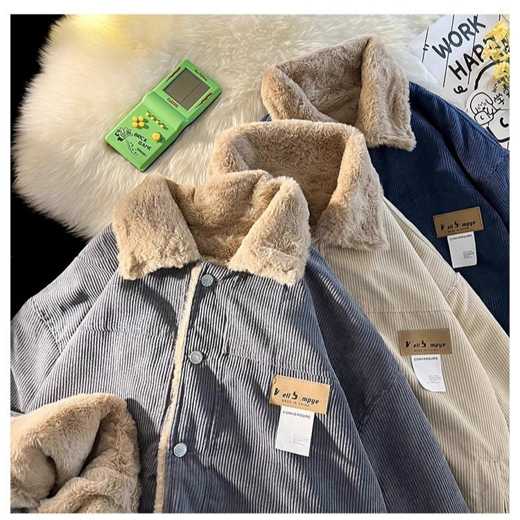 Etiqueta de pana moda hombre tendencia de invierno hombre solapa chaqueta acolchada de algodón suelta marca de moda japonesa chaqueta de pareja chaqueta