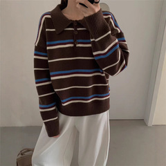 韩系2025秋冬新款polo领条纹套头毛衣女装宽松休闲翻领针织衫上衣