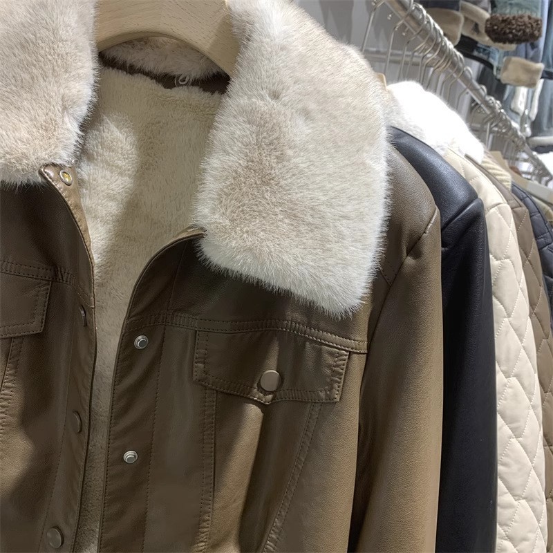 Women's Clothing Plush Leather Jacket, Women's Fur Collar Short Jacket, Pu Leather Motorcycle Suit_voghion.com