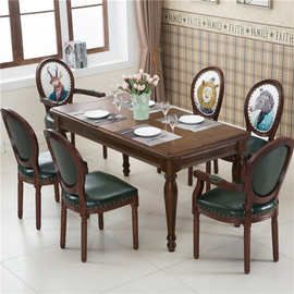 美式乡村做旧实木西餐桌北欧复古餐桌小户型长方形椅组合欧式桌子