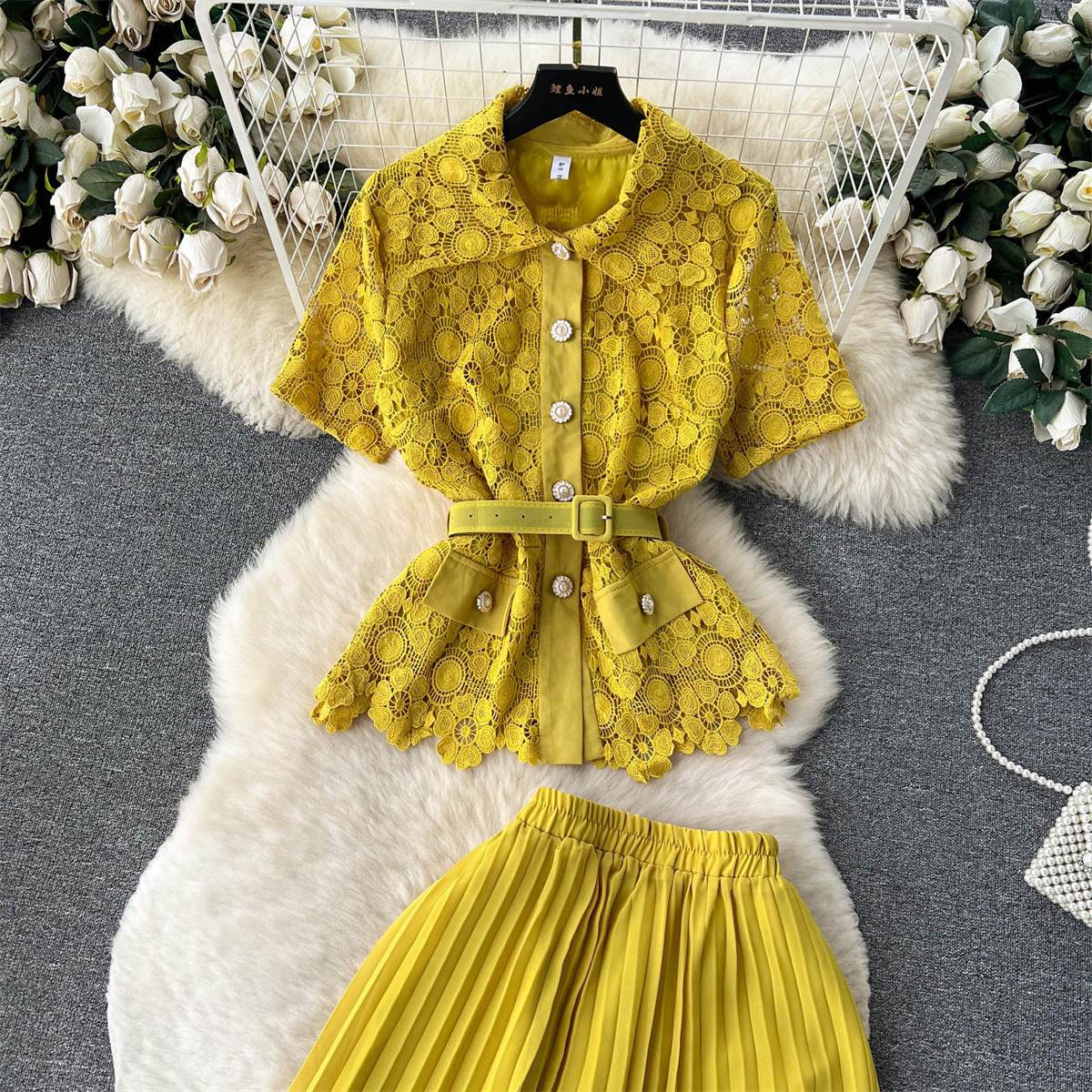 Damen Zweiteiliges Set Aus Kurzarmbluse Und Plisseerock Für Den Sommer_voghion.com